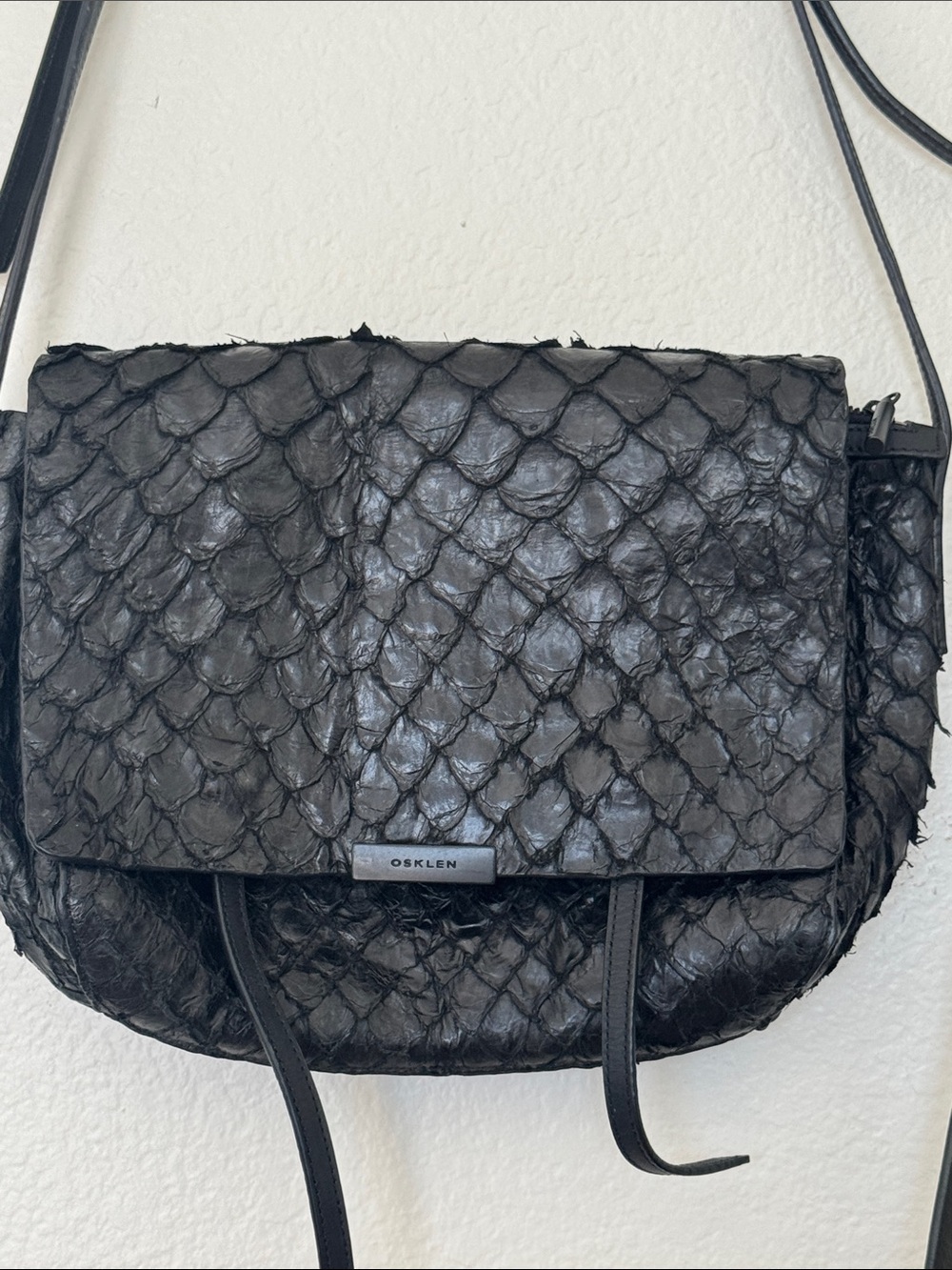 Osklen Pirarucu rare fish leather Black Crossbody Bag with Adjustable Strap
